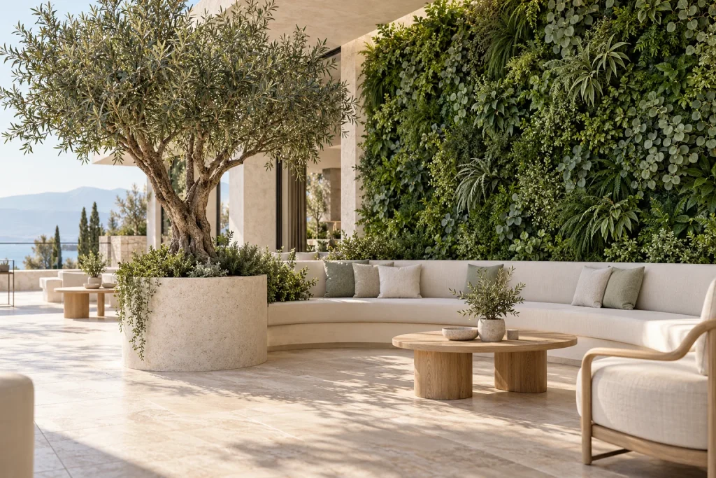 Compoziție de plante artificiale decorative în jardiniere pe o terasă contemporană
